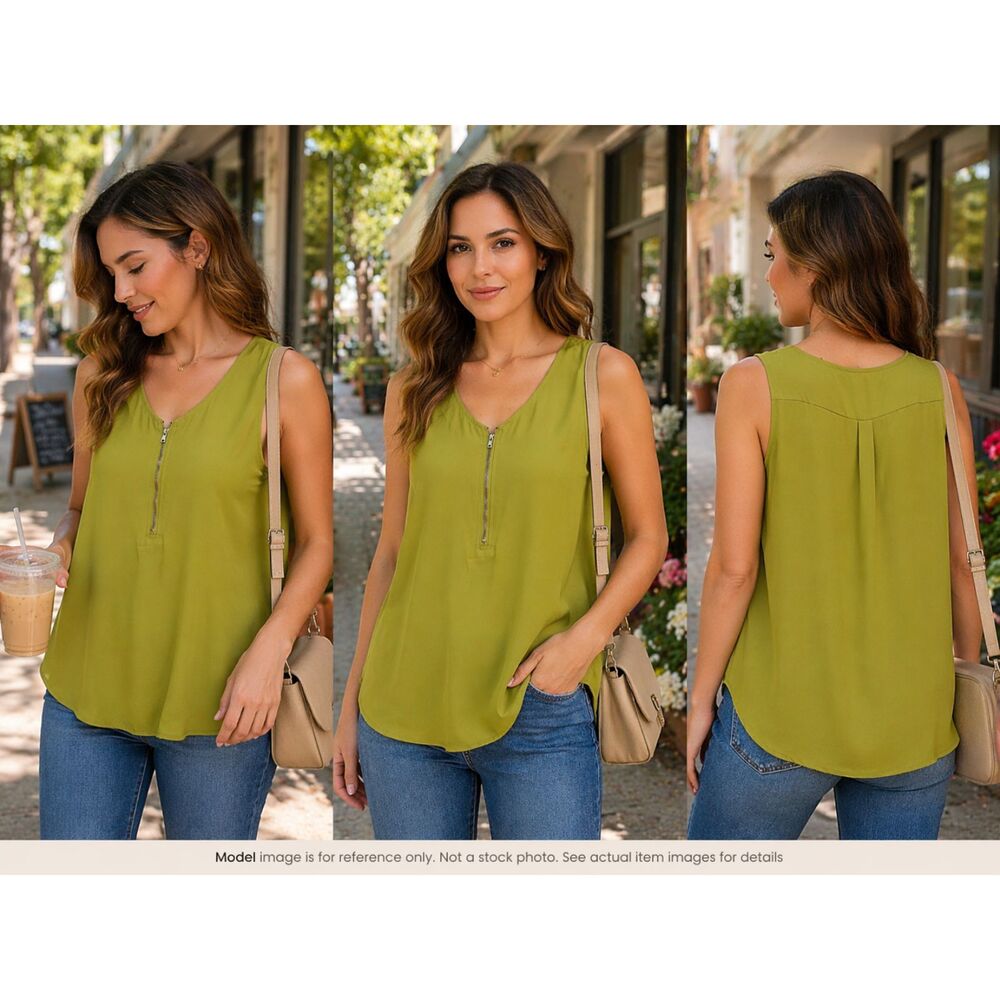 Tacera Olive Green Sleeveless‎ Zip Front Blouse Large